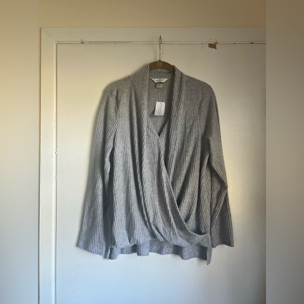 Christopher & Banks Light Gray Ribbed Wrap Style Sweater Sz Medium Basic Staple